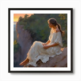 Woman Sitting On A Cliff Art Print