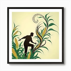 Man harvesting corn,Brown, Green & Yellow Art Print