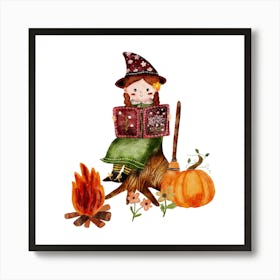 Cute Witch Reading A Book by fire Art Print