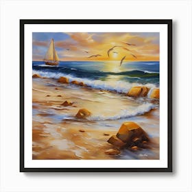 Oil painting design on canvas. Sandy beach rocks. Waves. Sailboat. Seagulls. The sun before sunset.15 Art Print