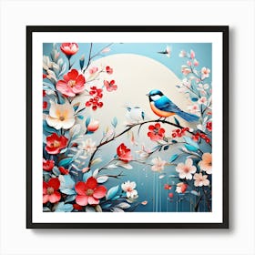 Bird On A Branch A Bright-Toned Design With Flowers And Leaves Trees And Birds A Beautiful And Simple Picture Wall art Art Print