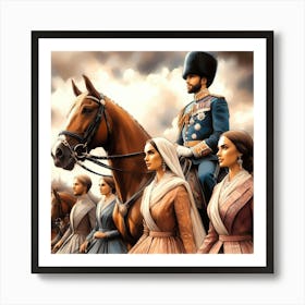 High Decorated Britsh Soldier On A Horse By Some Servants Color Drawing 1 Art Print