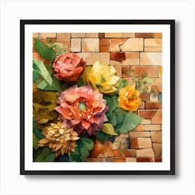 Paper Flowers On Brick Wall Art Print
