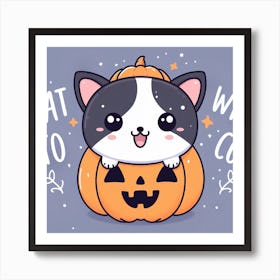 Cute Cat wearing a pumpkin hat kawaii cartoon anime Art Print