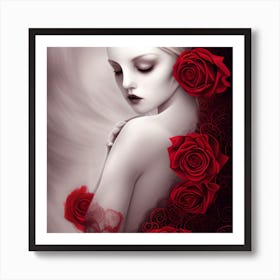 Beautiful Woman And Red Roses Art Print