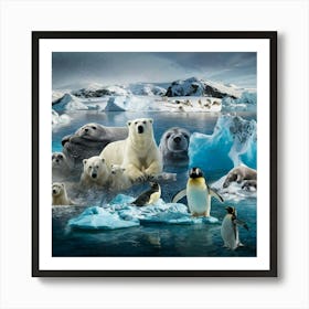 Polar Bears And Penguins Art Print