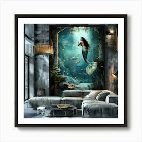Mermaid in Aquarium, Surreal Fantasy Art Print