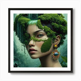 A captivating and surreal illustration of a woman's face harmoniously merged with a lush, serene forest. The dense foliage forms a canopy, gently cascading over her head like a green waterfall. The woman's features, including her lips, nose, and part of her eyes, are vividly depicted, while the rest of her face is enveloped by the forest, leaving an air of mystery. Her ear is adorned with a striking, colorful earring that contrasts with the natural setting. The atmosphere of this artistic masterpiece is tranquil and mystical, evoking a profound connection between nature and humanity. The vibrant colors, wildlife, and hints of fashion in the illustration make it a truly cinematic and visually stunning piece., cinematic, vibrant, fashion, photo, wildlife photography, illustration Art Print