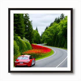 Red Sports Car Driving Down The Road Art Print