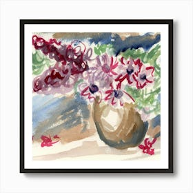 Pink Flowers In A Clay Vase - watercolor painting floral flowers square Art Print