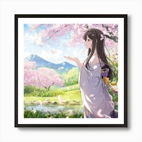 Anime Girl Serene Expression Eyes Gazing Into The Distance Stoic Posture Standing Under Cherry B Art Print