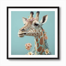 Giraffe With Flowers Art Print