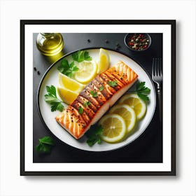 A delectable grilled salmon fillet, seasoned to perfection with a medley of aromatic herbs and spices, nestled atop a bed of fresh parsley, accompanied by vibrant lemon wedges, evoking a symphony of flavors and textures that dance on the taste buds, creating a culinary masterpiece that tantalizes the senses and satisfies the soul. Art Print