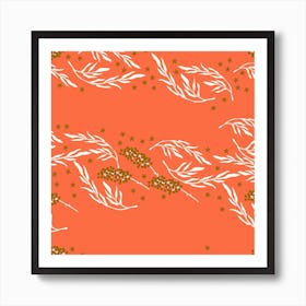 White Floral Pattern On Coral Square Art Print