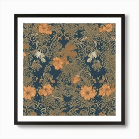 Floral Pattern In Blue And Orange Art Print