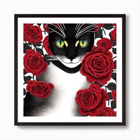 Cat And Roses Art Print