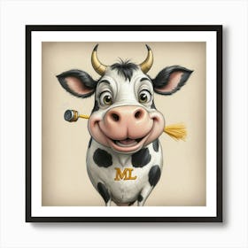 Cartoon Cow With Broom Art Print