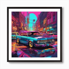 Neon Cars In The City Art Print