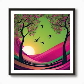 Landscape With Trees And Birds At Sunrise, Green And Fuchsia Art Print