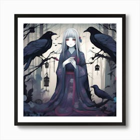 Japanese Girl With Crows Art Print