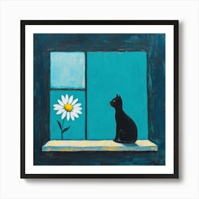 Teal Blue Cat And Daisy By the Window Art Print