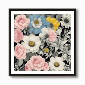 Flowers On Black Art Print