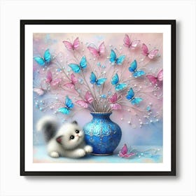 Cat In A Blue Vase With Butterflies Art Print