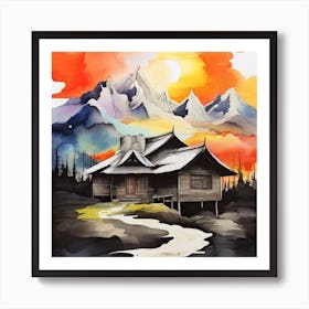 Abstract painting of a mountain village with snow falling 4 Art Print