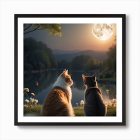 Two Cats Watching The Moon Art Print