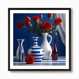 Crimson Roses in White Porcelain Jug with Blue Striped Vases and Red Glass Decanter Art Print