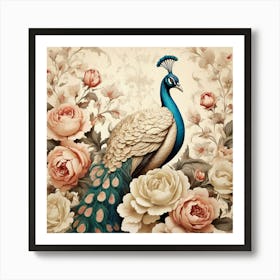 Cream Vintage Floral Peacock Wallpaper Art Print Poster