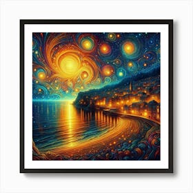 Coastal town on the shore in a starry night, psychedelic painting art Art Print