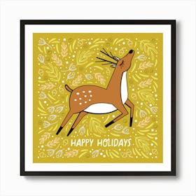 Christmas Deer Yellow Square Illustrated Art Print