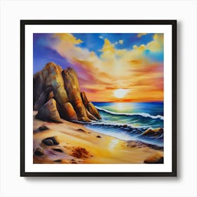 Artwork, oil colors, sea and sunset, seashore, beach rocks.San Francisco, USA.4 Art Print