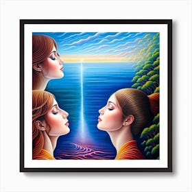 Three Women Looking At The Ocean Art Print