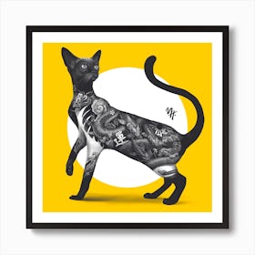 Japanese Cat Tattoo Yellow Square Art Print