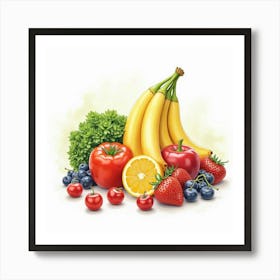 Elegant Fruits And Veggies Showcased With A Graceful Watercolor Effect 1 Art Print