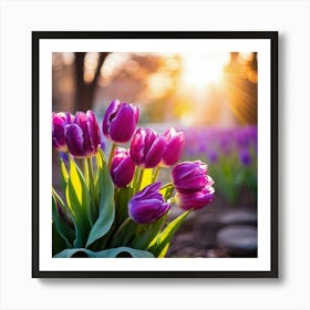 Bouquet Of Vibrant Purple Tulips Rising Toward A Majestic Sun In A Lush Spring Park Three Graceful (3) Art Print