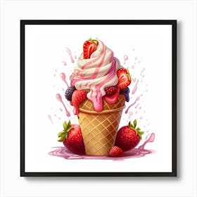 Ice Cream Strawberry Vanilla Splash Art Print