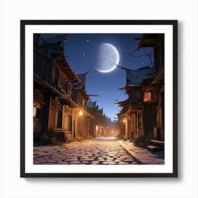 A Cobblestone Street In A Ghost Town With The Moon Casting Elongated Shadows Art Print