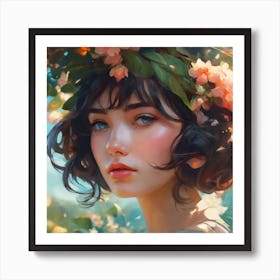 Girl With Flowers On Her Head Art Print