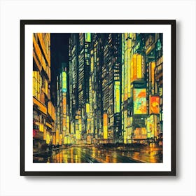 City Night Reflections Urban Highrise Cityscape Travel Vacation Neon Lights Metropolis Road Rainy Rain Buildings Architecture Apartments Downtown Abstract Modern Contemporary Geometric Futuristic Vibrant Art Print