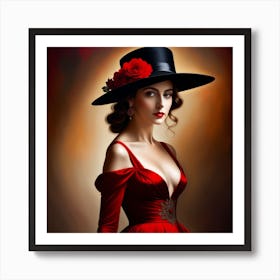 Woman In Red Dress With Black Hat Art Print
