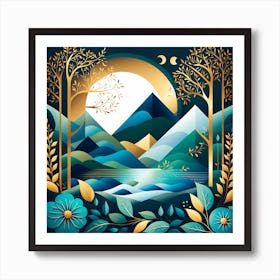 Landscape With Mountains And Flowers, vector art Art Print