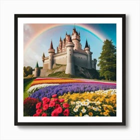 Rainbow over castle with beautiful flower gardens Art Print