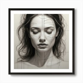 Pretty sad woman, line drawning, aesthetic painting, lines, portait Art Print