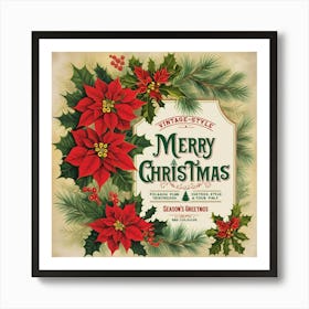 Merry Christmas Poinsettia Vintage 1 Art Print