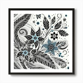 Batik, Black And White Floral Pattern Art Print