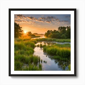 Sunrise Over A River Landscape and Natural art Affiche