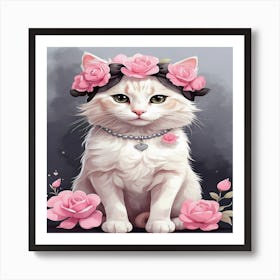 Cute Cat With Roses Art Print